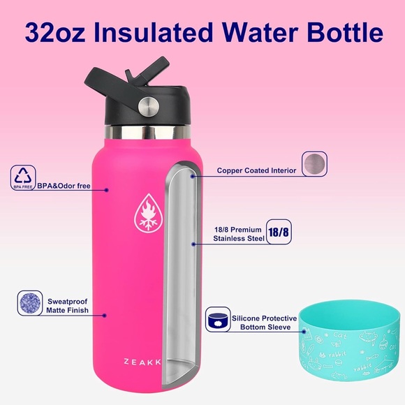 NEW Zeakko Wide Mouth Water Bottle - 32oz Vacuum Insulated Stainless Steel - Picture 5 of 7